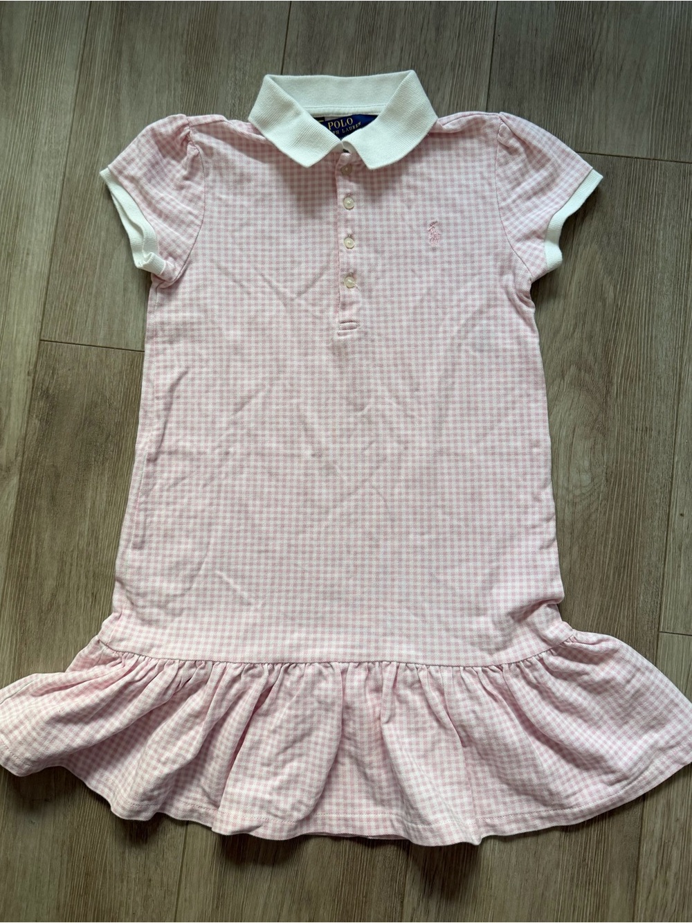 Polo Ralph Lauren Girls Pink Gingham Plaid Ruffle Polo Dress Size 6X ( 4-6 Y)